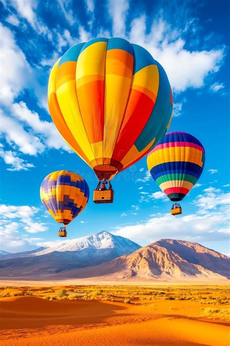 Three Hot Air Balloons Flying Over A Desert Landscape With Mountains In The Background Stock