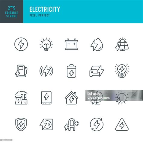 Electricity 벡터 선형 아이콘 집합입니다 완벽한 픽셀 편집 가능한 획 세트에는 전구 번개 배터리 전기 자동차 풍력 터빈