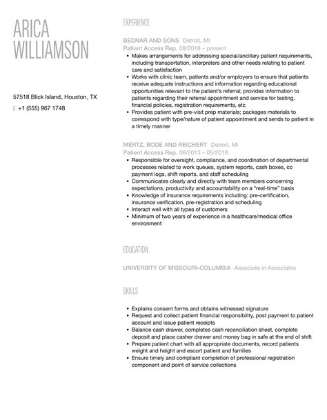 Patient Access Rep Resume Samples | Velvet Jobs