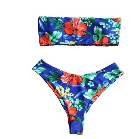 Women Sexy Strapless Bikini Floral Suit Beautiful Print Swimwear Thong Bikini Swimwear And