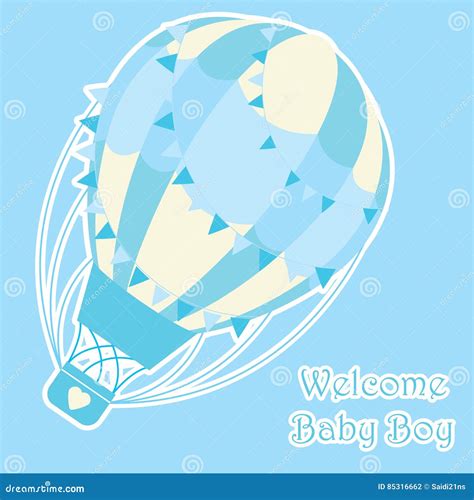 Baby Shower Card With Cute Blue Hot Air Balloon Cartoon For Postcard And Greeting Card Stock
