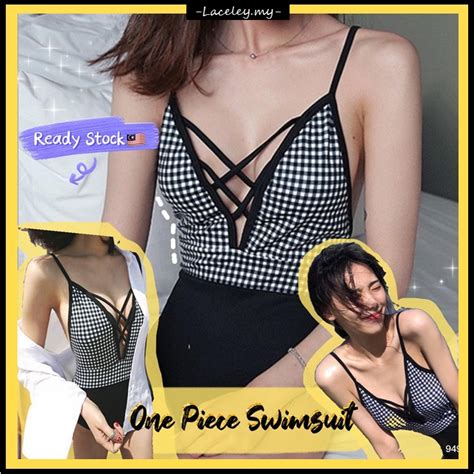 READY STOCK Plaid Deep V One Piece Korean Style Swimsuit Swimwear Bikini 现货韩版深V交叉泳衣泳装 L