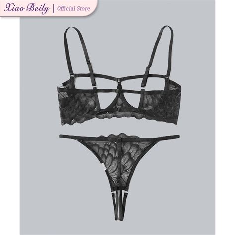 XiaoBeily Lace Temptation Sheer Backless Bra Set Nighties Sexy Open Crotch Lingerie Panty For
