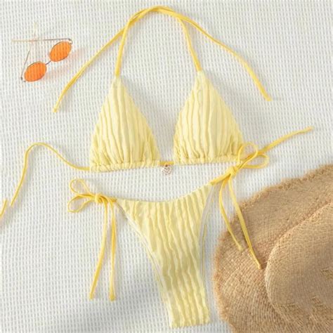 Triangle Micro Bikini For Women Yellow String Halter Thong Sexy Swimsuit Heart Bead Swimwear