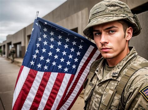 premium ai image  american soldier standing holding  american flag