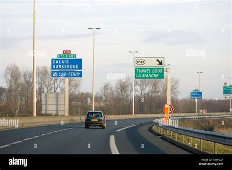 French Motorway Sign Approaching Calais A16 Nord Pas De Calais Stock