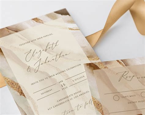 Rustic Nude Agate Wedding Invitation Template Modern Etsy