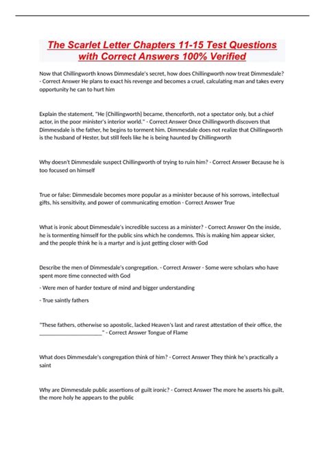 The Scarlet Letter Chapters 11-15 Test Questions with Correct Answers