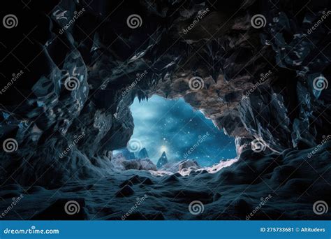 Frozen Cavern With View Of The Night Sky And Stars Visible Through