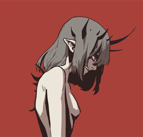 An Anime Character With Long Hair And Horns On Her Head Looking Down