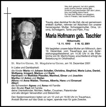 Traueranzeigen Von Maria Hofmann Trauer Bz