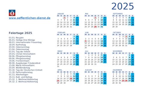 Jahreskalender 2025: Schulferien und Feiertagen