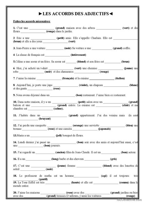 Les Accords Des Adjectifs Pratique D English Esl Worksheets Pdf Doc