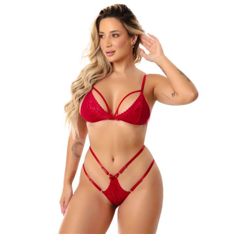 Conjunto Lingerie Sexy Strapy Duas Tiras Vermelho Revenda Lingerie