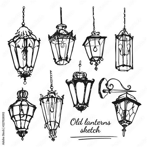 Drawing Old Lanterns On The White Background Sketch Of Different