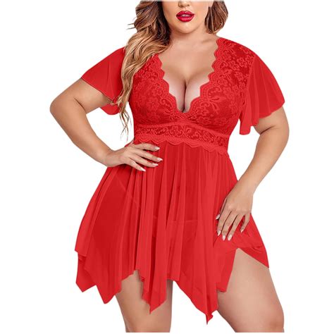 CaComMARK PI Off Clearance Women S Plus Size Babydoll Floral Lace Sexy Lingerie Deep V