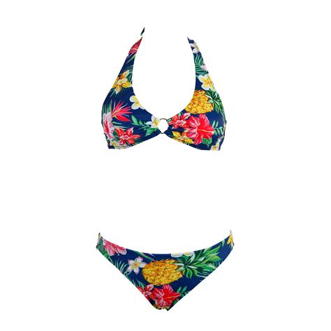 Digital Print Removable Cups Halter Straps Center Front Gold Ring Bikini Top With Front