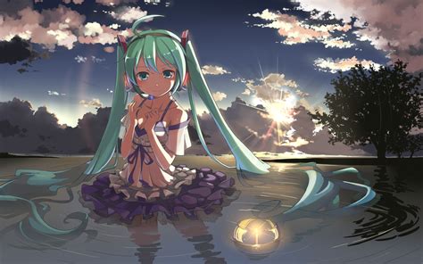 Beek Clouds Dress Hatsune Miku Sky Tree Vocaloid Water Wet Anime