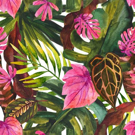 Floral Exotic Seamless Pattern Watercolor Tropical Flowers On Doodle