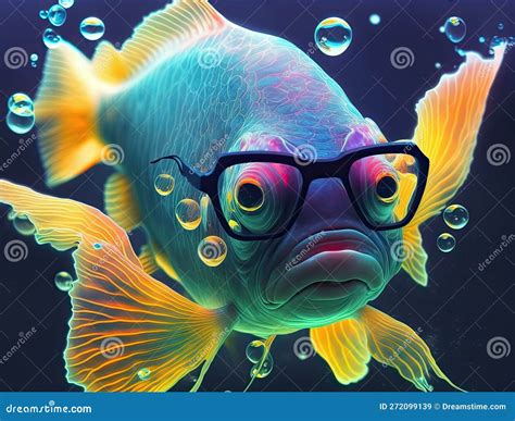 Unhappy Funny Fish Face Anthropomorphic Person In Glasses Neon Glowing