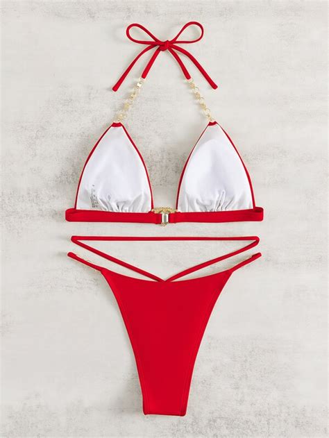 SHEIN Swim SXY Set de bikini con decoración de gemas falsas sujetador de micro triángulo halter