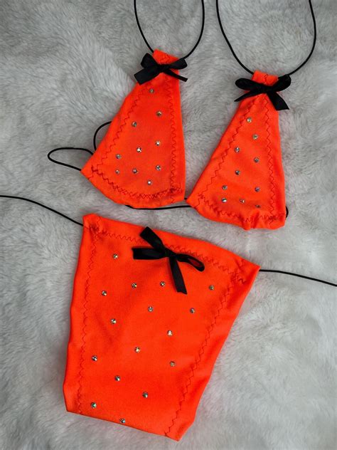 Neon Orange Micro Bikini Stripper Outfit Exotic Dancer Outfit Halloween Exotic Dancewear Set