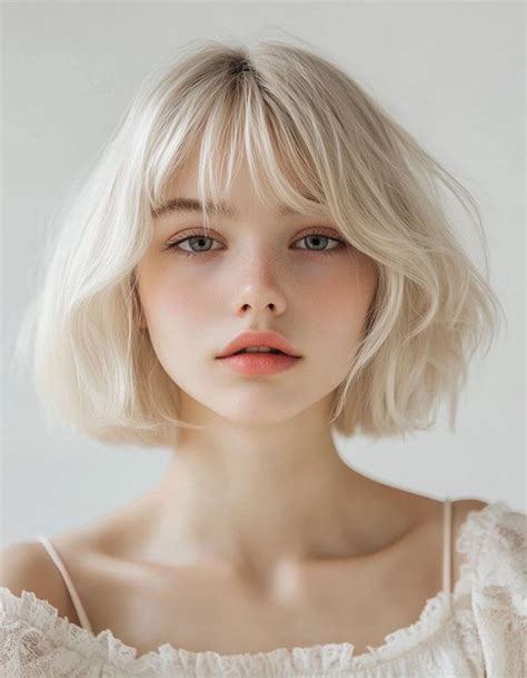 Cute Bob Hairstyles With Fringe Platinum Blonde Tousled Bob With Soft Fringe In