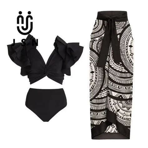 Jsn Women Bathing Suit Floral Ruffled Swimwear Vintage High Waist Bikini Set With Sarong