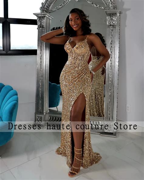 Sexy Sparkly Gold Prom Dress Straps Sequins Gown Lace Up Side Split