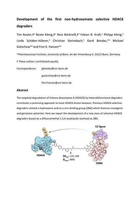 PDF Development Of The First Non Hydroxamate Selective HDAC6 Degraders