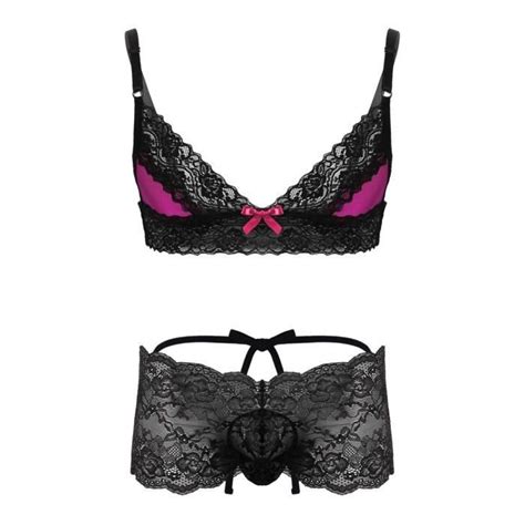 YIZYIF Lingerie Sissy Homme Sexy Dentelle Boxer Ouvert Fesse et Soutien gorge Sous vêtement Gay