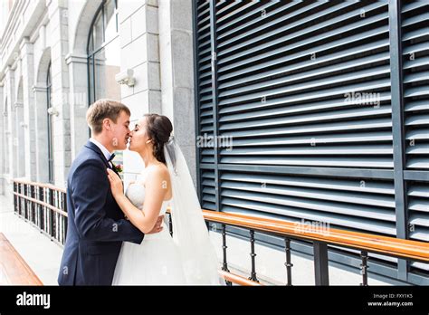 Handsome Brunette Groom Kissing Beautiful Bride In Wedding Dress Stock Photo Alamy