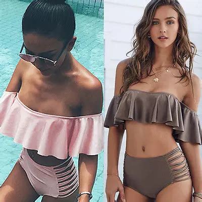 Sexy femme à volants Bandeau brésilien Bikini rétro taille haute maillot de bain plage