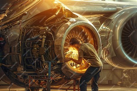 Premium Photo | Airplane mechanics and giant jet engine repair