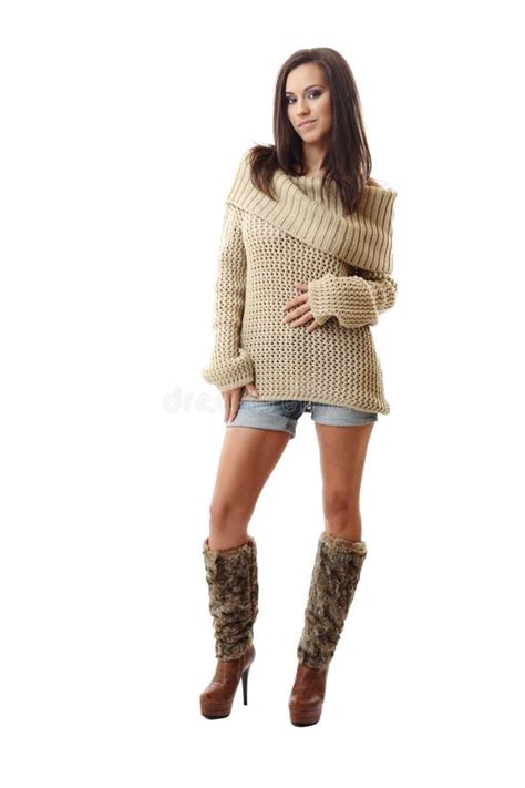 Brunette Woman Posing On White Background Stock Photo Image Of Pullover Looking 16635934