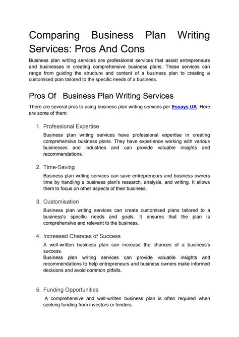 Comparing Business Plan Writing Services: Pros And Cons by Essays UK