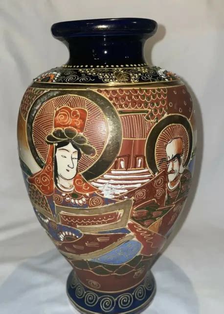 Antique Satsuma Pottery Vase Made In Japan Hand Painted Gold Cobalt