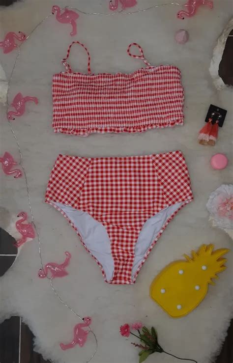 Free Shipping Sexy Red Gingham Smocked Bandeau Bikini Sets Jkp Allkpop Shop