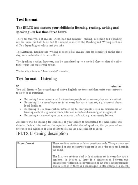 test format ielts listening description  international english