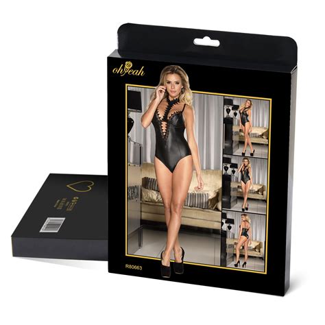 Plus Size Black Leather Exquisite Lace Choker Neck Teddy Lingerie