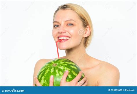 Enjoy Natural Juice Girl Nude Drink Fresh Juice Whole Watermelon Fruit Cocktail Straw White