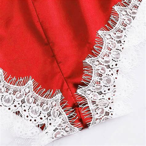 Sexy Red Satin Spaghetti Strap Deep V Backless Lace Trim Bodysuit Teddy Lingerie N