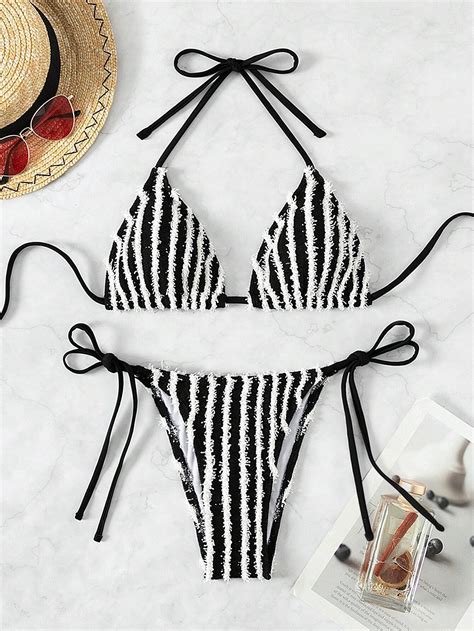 Shein Swim Conjunto De Bikini De Tirantes Halter A Rayas Para Playa De Verano Con Atado Lateral