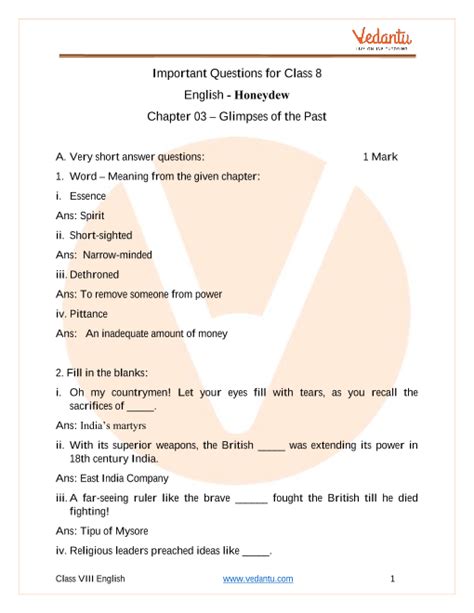 Important Questions For Cbse Class 8 English Honeydew Chapter 3