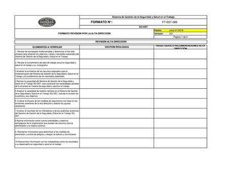 FT SST 088 Formato Revision Por La Alta Direccion Fecha Junio 01