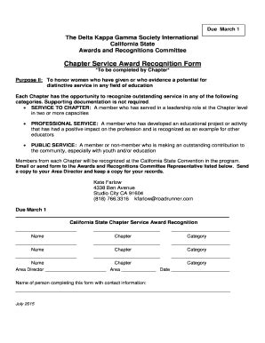 Fillable Online Chistateca Chapter Service Award Recognition Form