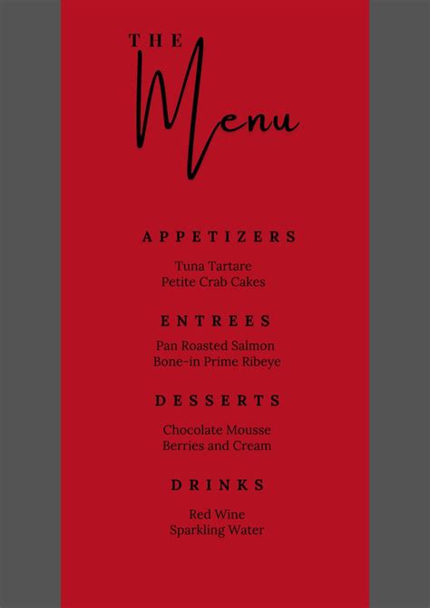 Editable Red Menu Card Template Minimalist Menu Card Modern Etsy