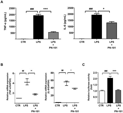 Effects of PN 101 on LPS induced TNF α and IL 6 expression in