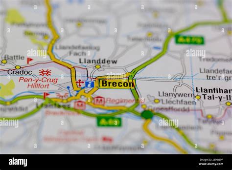 Brecon And Surrounding Areas Shown On A Road Map Or Geography Map Stock