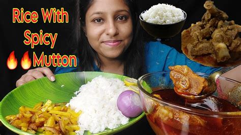 Eating Show Rice Spicy Mutton Mutton Lal Lal Jhol Aloo Vaja